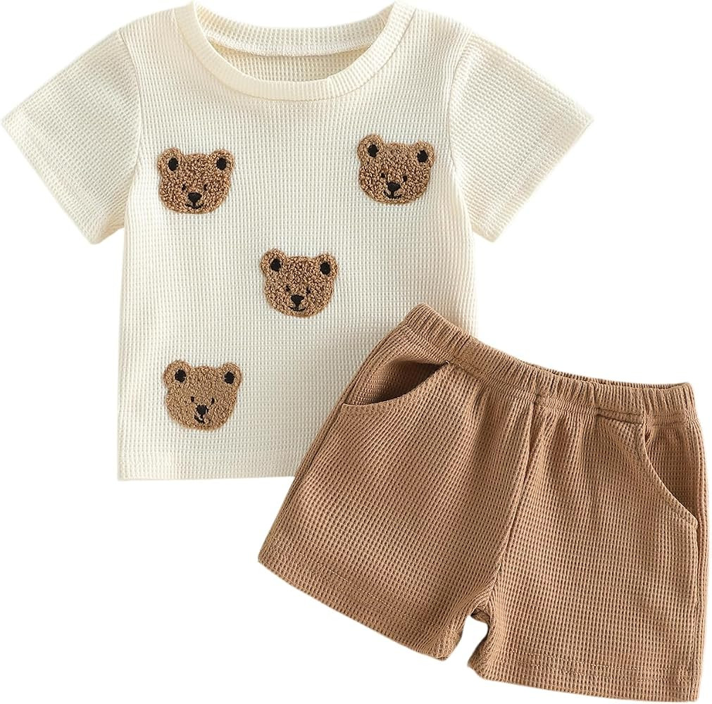 Baby Boy Summer Clothes Bear Embroidery Crew Neck Waffle Short Sleeve Tops Shorts Set 2pcs Toddle... | Amazon (US)