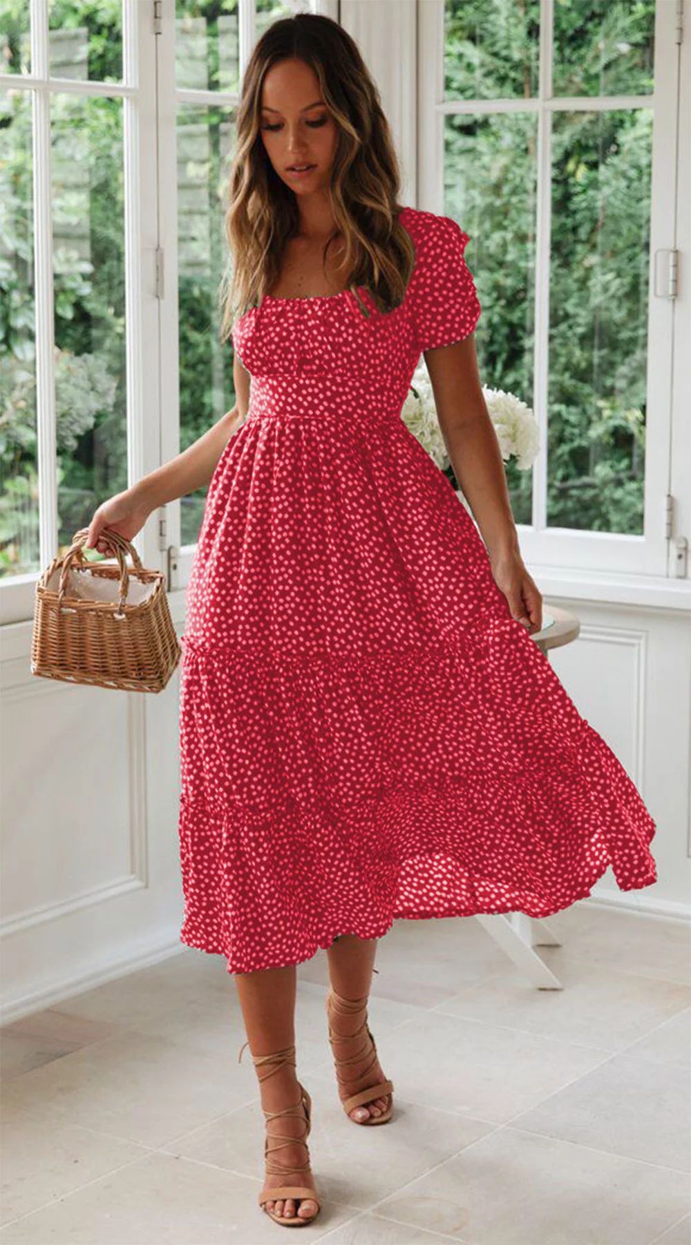 Women's Loose Sweet Square Collar Puff Sleeve Floral Dress | Walmart (US)