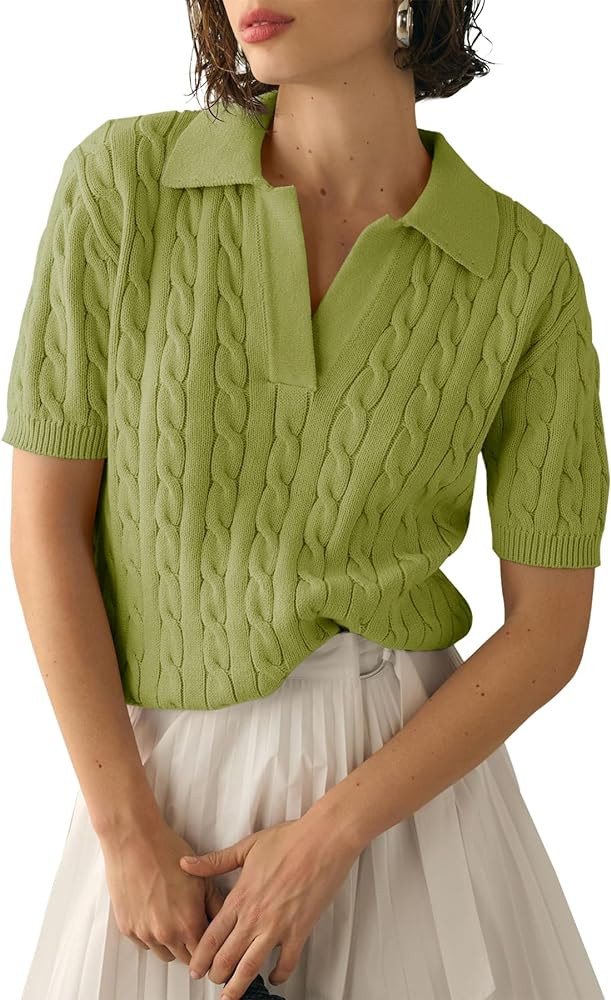 Imily Bela Women's Cable Short Sleeve Sweaters Tops Solid Lapel V Neck Knit Casual Soft Pullover ... | Amazon (US)