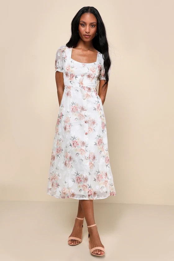 Moment of Beauty White Floral Midi Dress White Midi Dress White Cocktail Dress White Outfit Ideas | Lulus