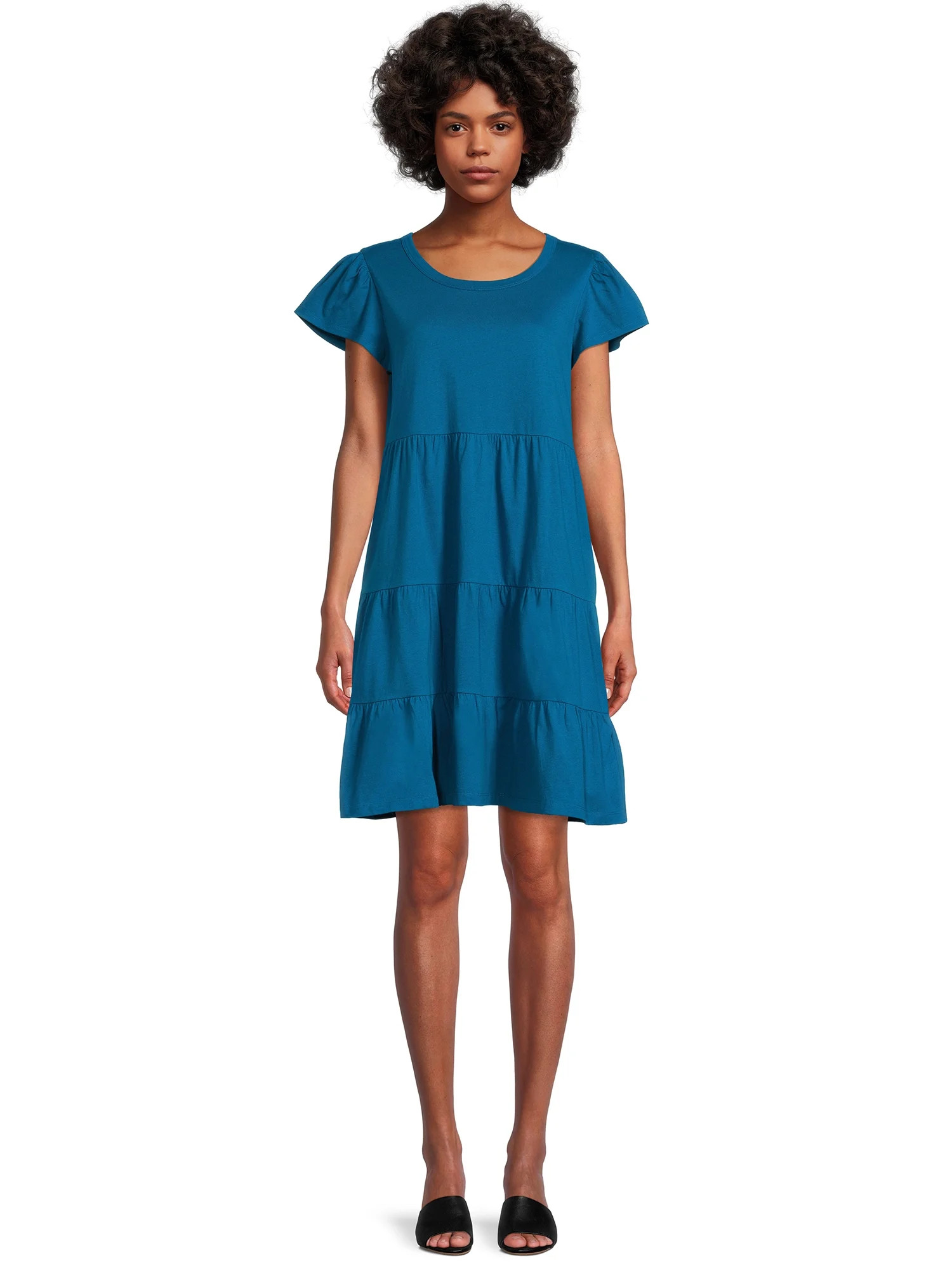 Time and Tru Women's Short Sleeve Tiered Knit Dress | Walmart (US)