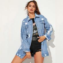 Raw Hem Ripped Longline Trucker Denim Jacket | SHEIN