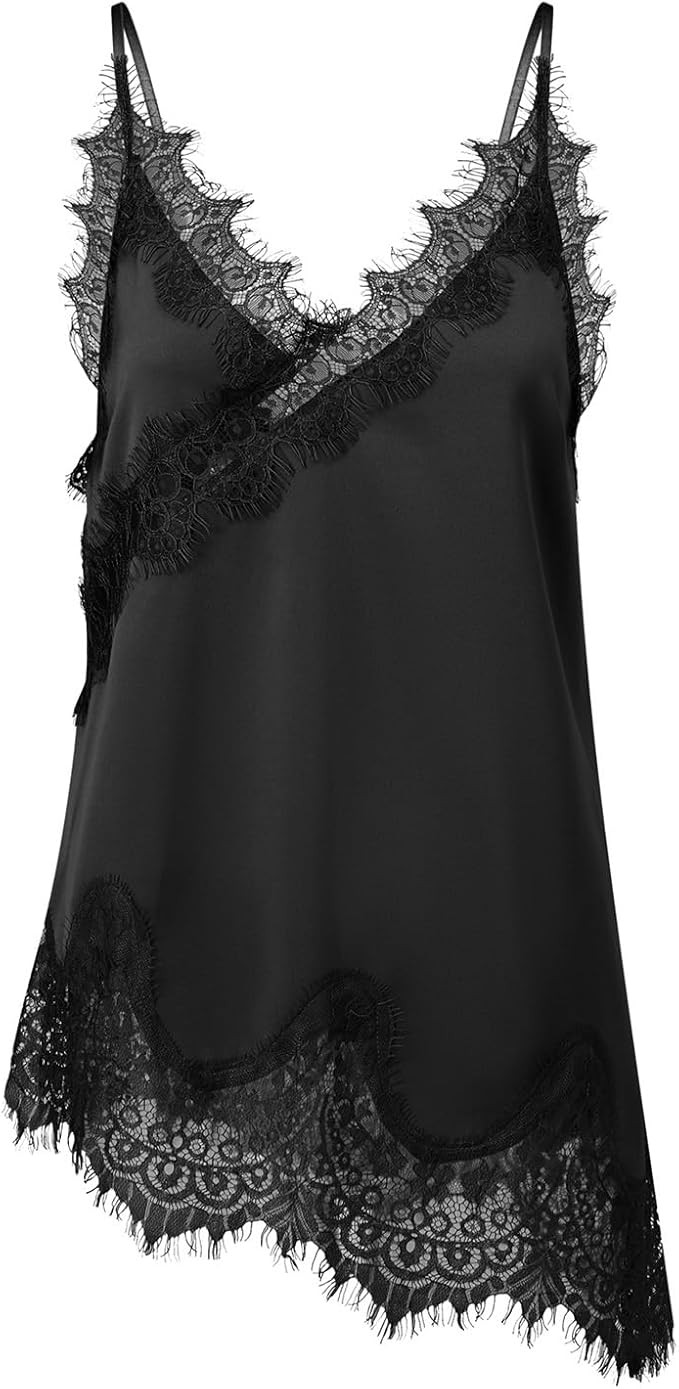 Satin Lace Trim Camisole Women Silk Sleeveless Top Strap Vneck Backless Tank Patchwork Going Out ... | Amazon (US)