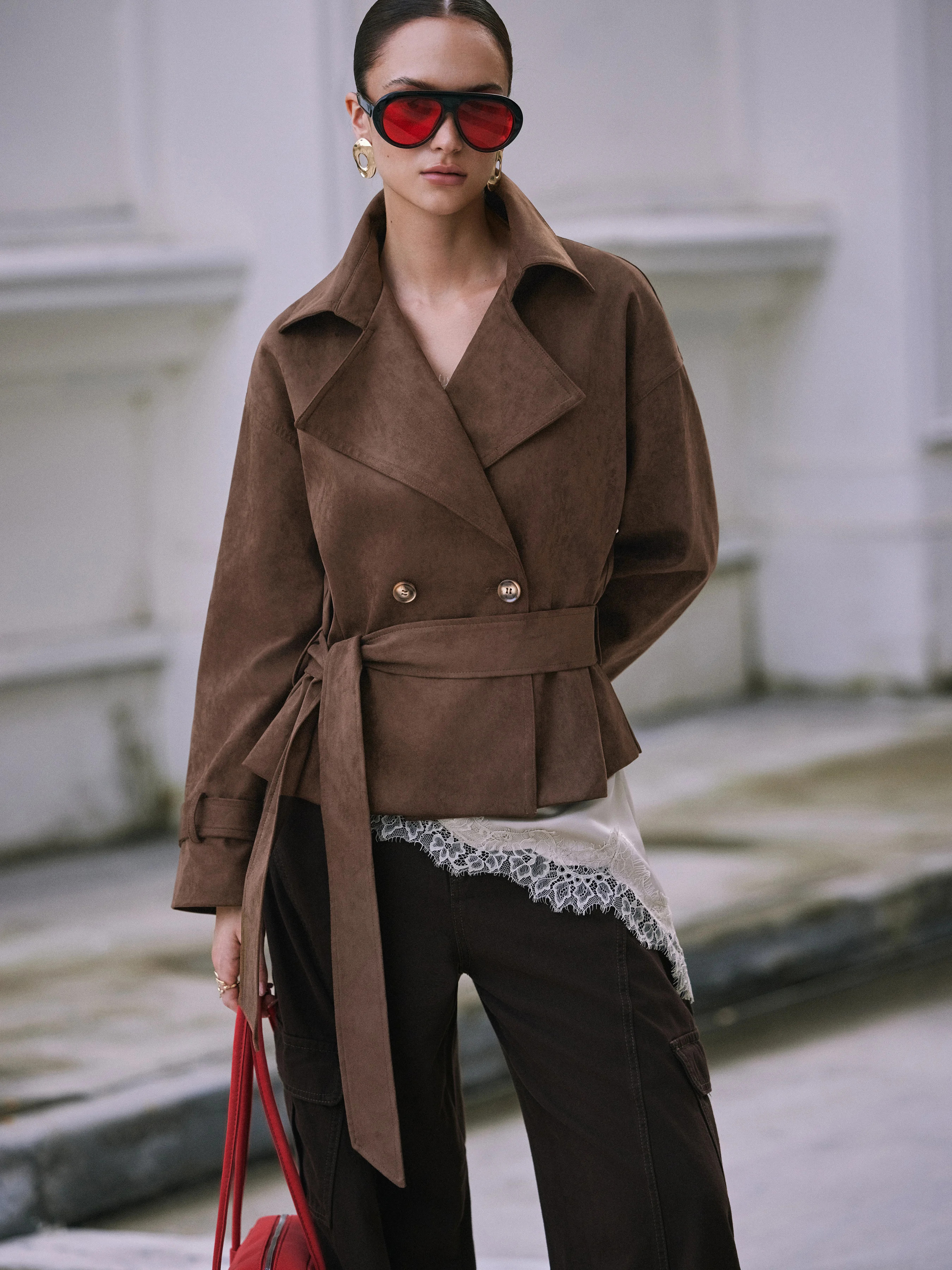 Suede Suede Collar Double Breasted Trench Coat With Belt For Work | Cider