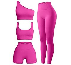 OQQ Women's 4 Piece Outfits Ribbed Exercise Scoop Neck Sports Bra One Shoulder Tops High Waist Sh... | Amazon (US)