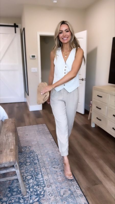 Summer workwear look I’m loving!! Are you liking the vest trend? This linen vest and joggers are the perfect summer office outfit combo! Wearing small in both 
Office style, business casual workwear 

#LTKFindsUnder50 #LTKStyleTip #LTKWorkwear