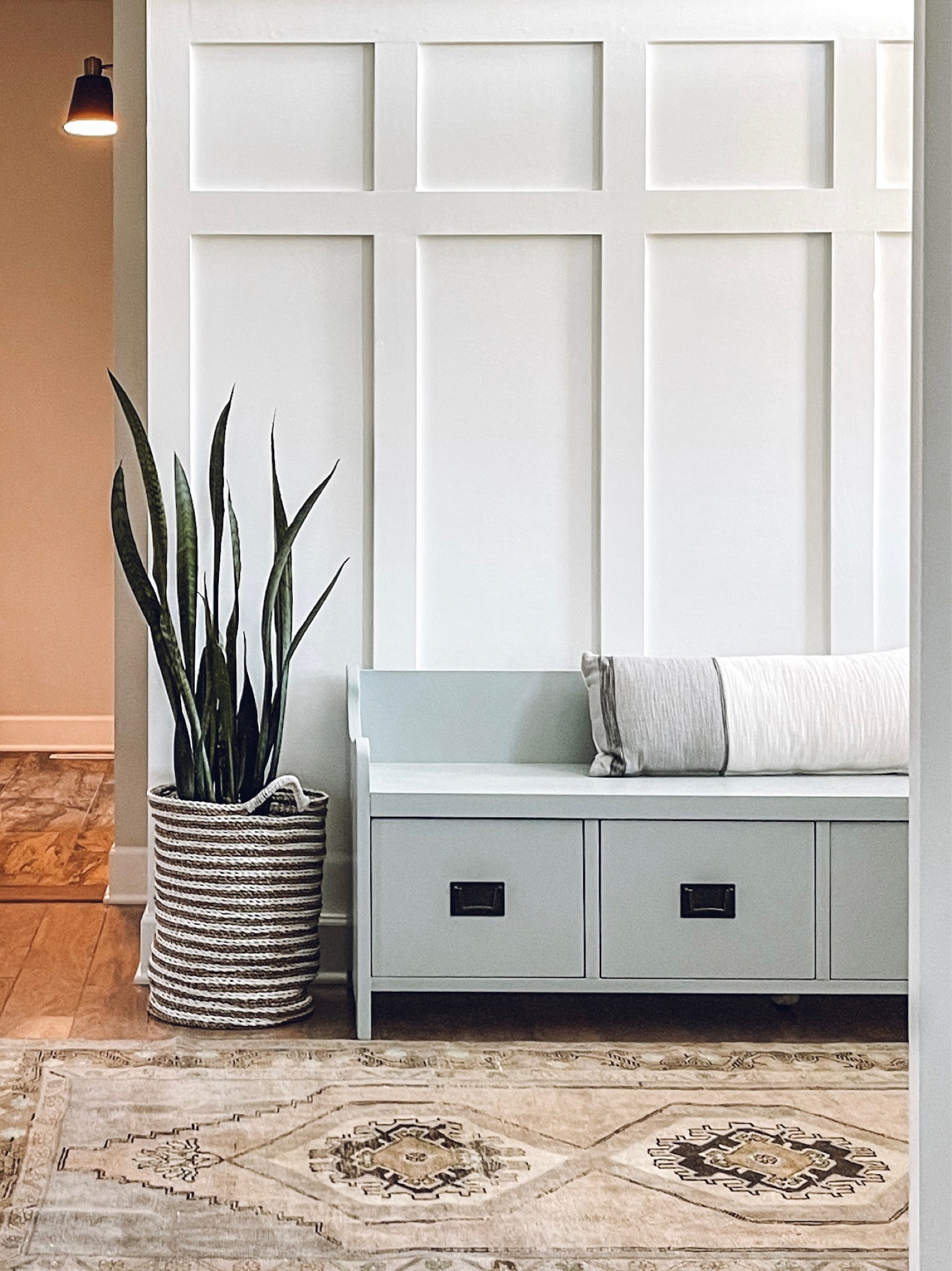 Entryway storage bench and board and batten 

This Pottery Barn storage bench got a makeover with a new coat of paint - Benjamin Moore’s Boothbay Gray 🤍

Entryway decor idea, Vintage rug, board and batten, Turkish rug 

#LTKstyletip #LTKhome #LTKSale