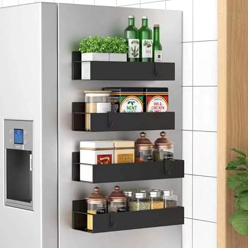 HuggieGems Metal 4 Pack Magnetic Spice Storage Rack Organizer for Refrigerator and Oven, Black Fridge Organizers and Storage | Amazon (US)