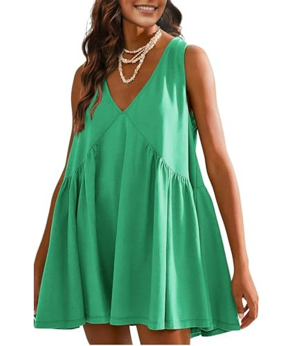 OPCAKM Women's V Neck Sleeveless Mini Dress Loose Summer Pleated Swing Flowy Sundress(Green-S) | Amazon (US)