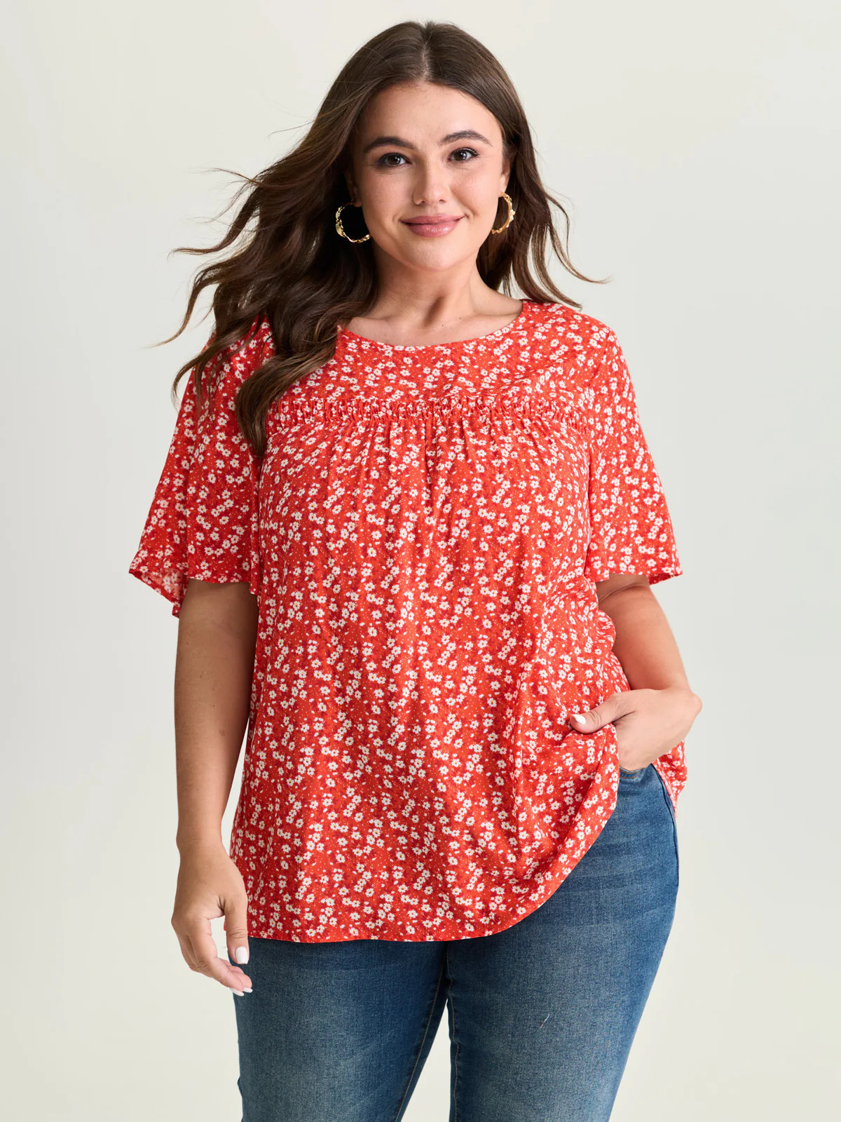 Floral Ruffle Sleeve Gathered Round Neck Blouse | Bloomchic