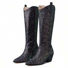 Womens Elegant Knee High Boots Cowboy Boot Rhinestone Pointed Toe Chunky Heel Side Zipper Pull On Sparkly Glitter Classic Retro Riding Party Wedding W | SHEIN
