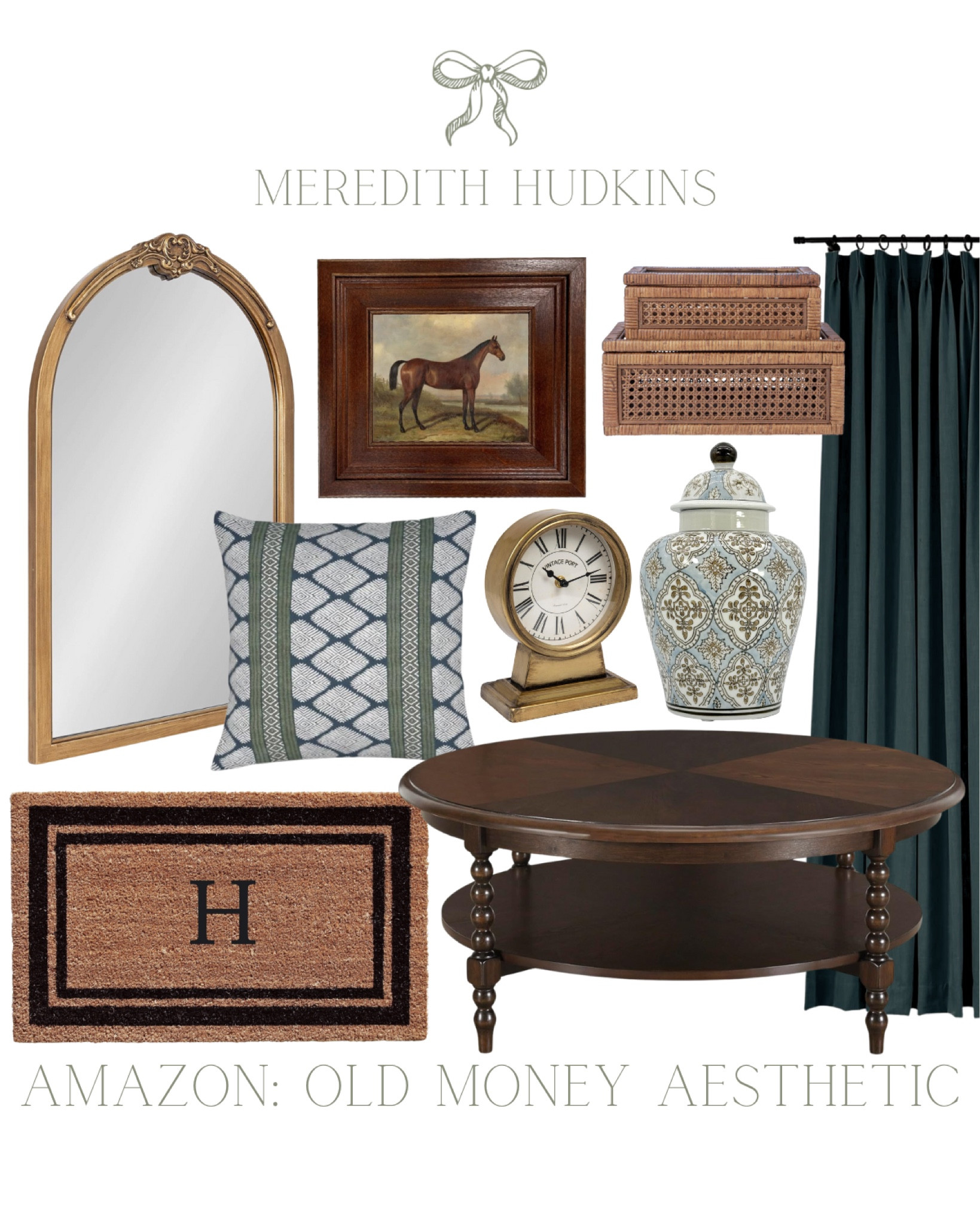 old money aesthetic, living room, meredith hudkins, preppy style, classic home decor, timeless home decor, arched mirror, ornate mirror, curtains, doormat, coffee table, bedroom, entryway, ginger jar, framed art, equestrian art, rattan boxes, throw pillow, accent pillow, clock


#LTKHome #LTKFindsUnder100 #LTKSaleAlert