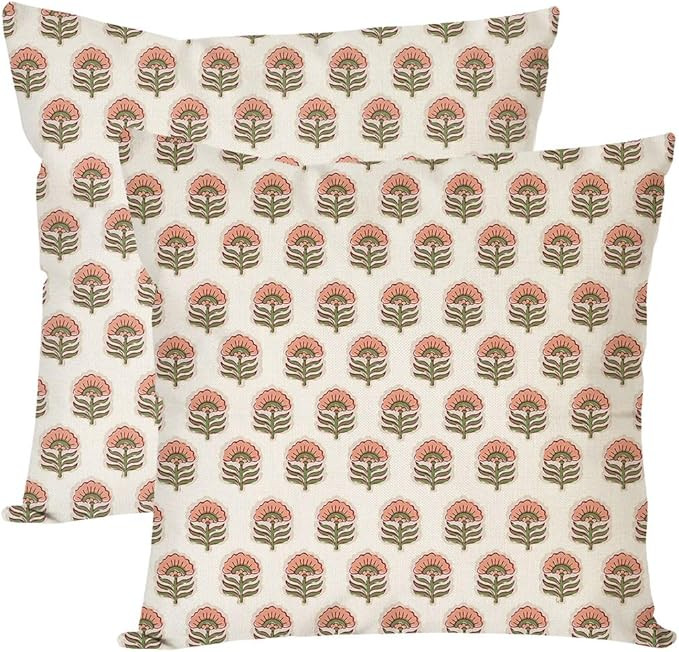PANDICORN Block Print Throw Pillow Covers 18x18 Inch Set of 2 Green and Pink Boho Vintage Floral ... | Amazon (US)