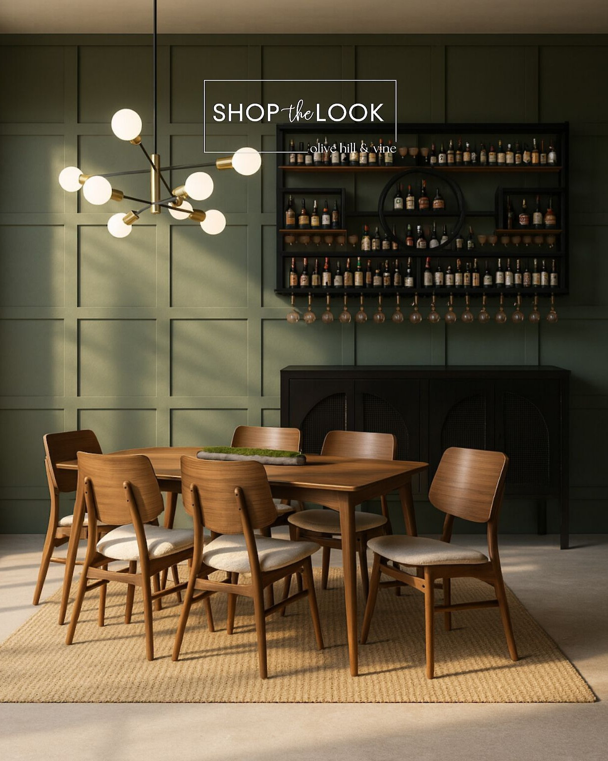 Pulling off timeless and textural in one space? This mid-century dining setup nails it. From the sputnik chandelier to the cane-door sideboard and layered jute rug, every detail brings warmth, charm, and a dash of modern nostalgia.  

 #LTKHome #LTKStyleTip #LTKFamily