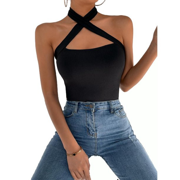 Women's Solid Sleeveless CrissCross Backless Tie Back Cami Top Casual Halter Top S(4) | Walmart (US)