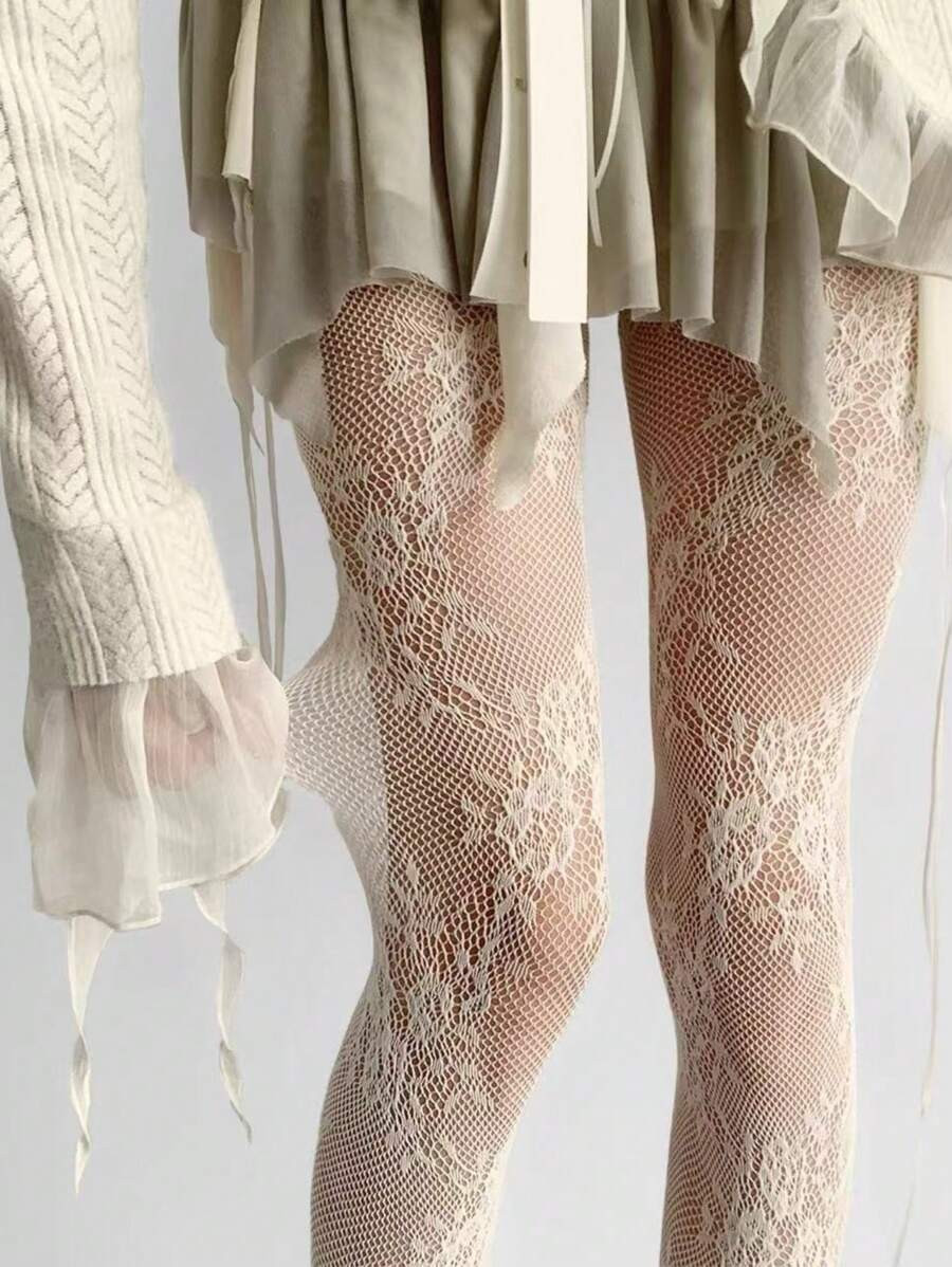 ROMWE Kawaii White Floral See-Through Fishnet Tights | SHEIN