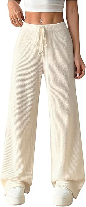 OYOANGLE Women's Ribbed High Waisted Lounge Trousers Knit Comfy Drawstring Waist Wide Leg Pants | Amazon (US)