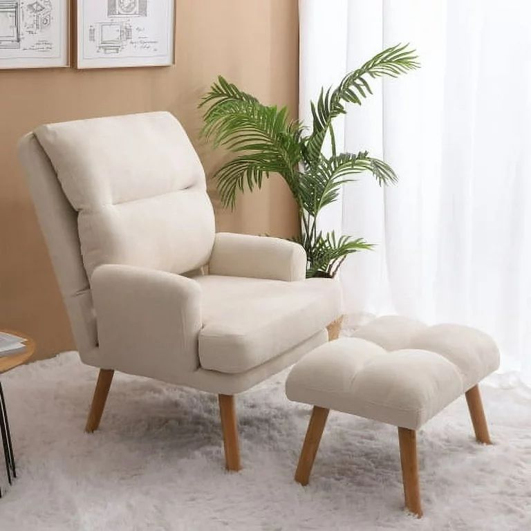 Accent Chair with Ottoman Set, Modern Fabric Upholstered Armchair with Wooden Legs and Adjustable... | Walmart (US)