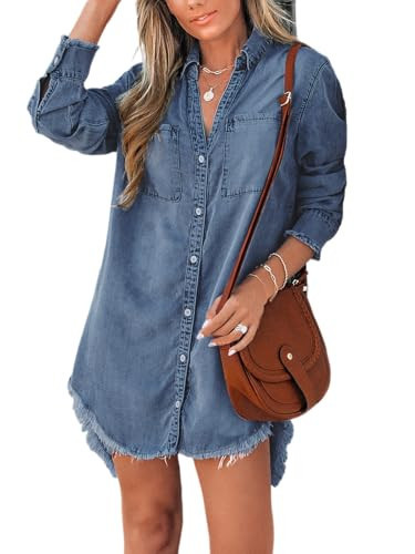 CUPSHE Womens Denim Shirt Dress Long Sleeve Button Down Casual Loose Fall Jean Dresses with Pockets Navy L | Amazon (US)