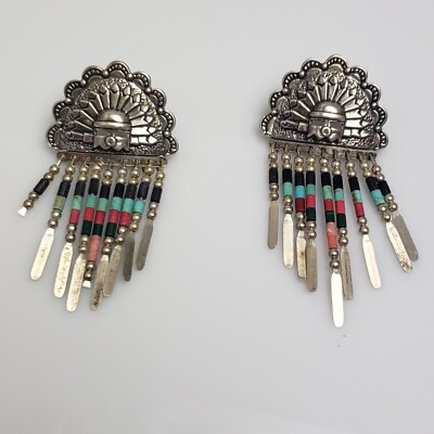 Native American Quoc Turquoise Inc Sterling Sun Chief Multi Bead Dangle Earrings  | eBay | eBay US