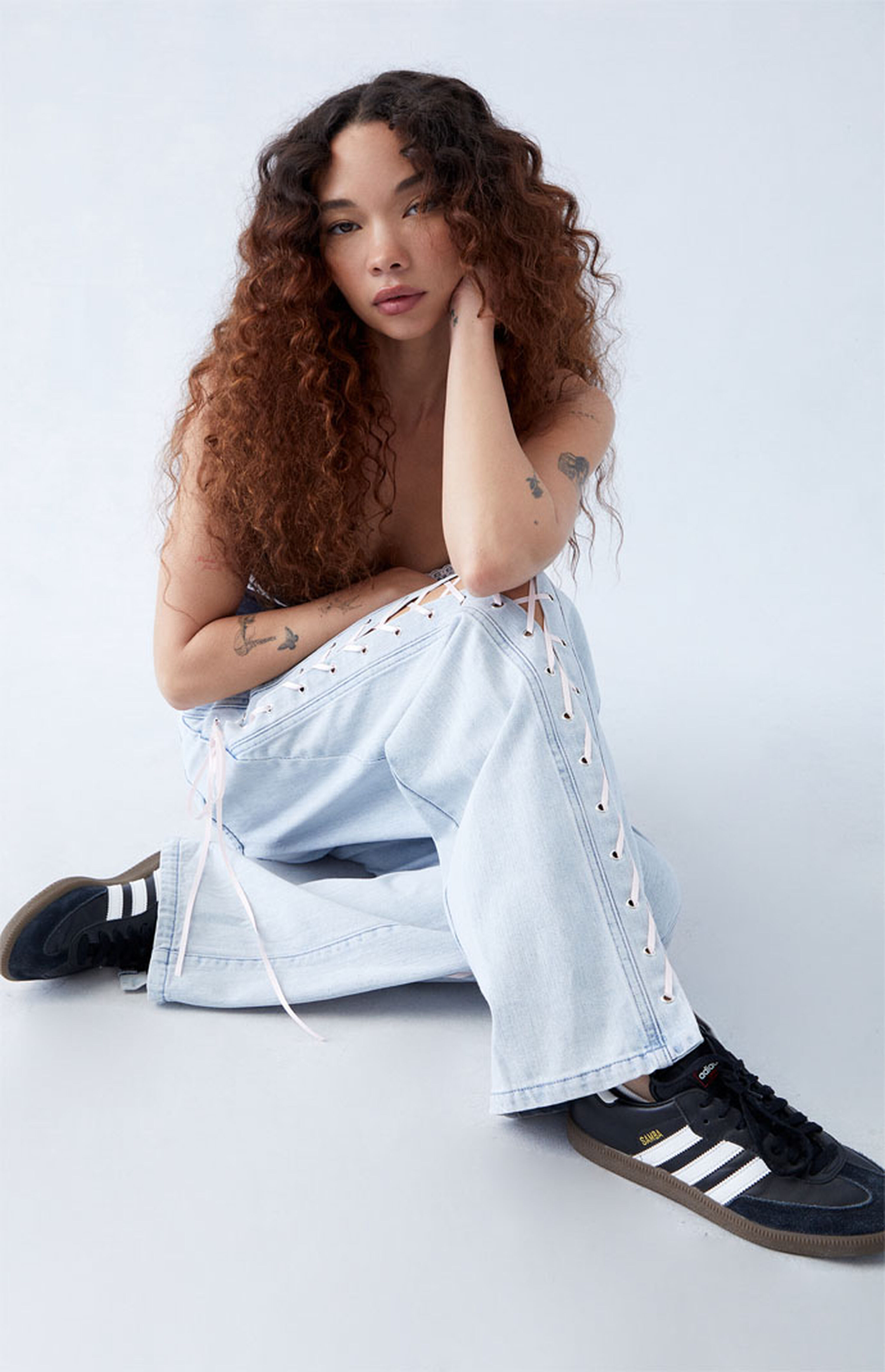 PacSun Light Indigo Bow Ribbon Lace Up Low Rise Baggy Jeans | PacSun