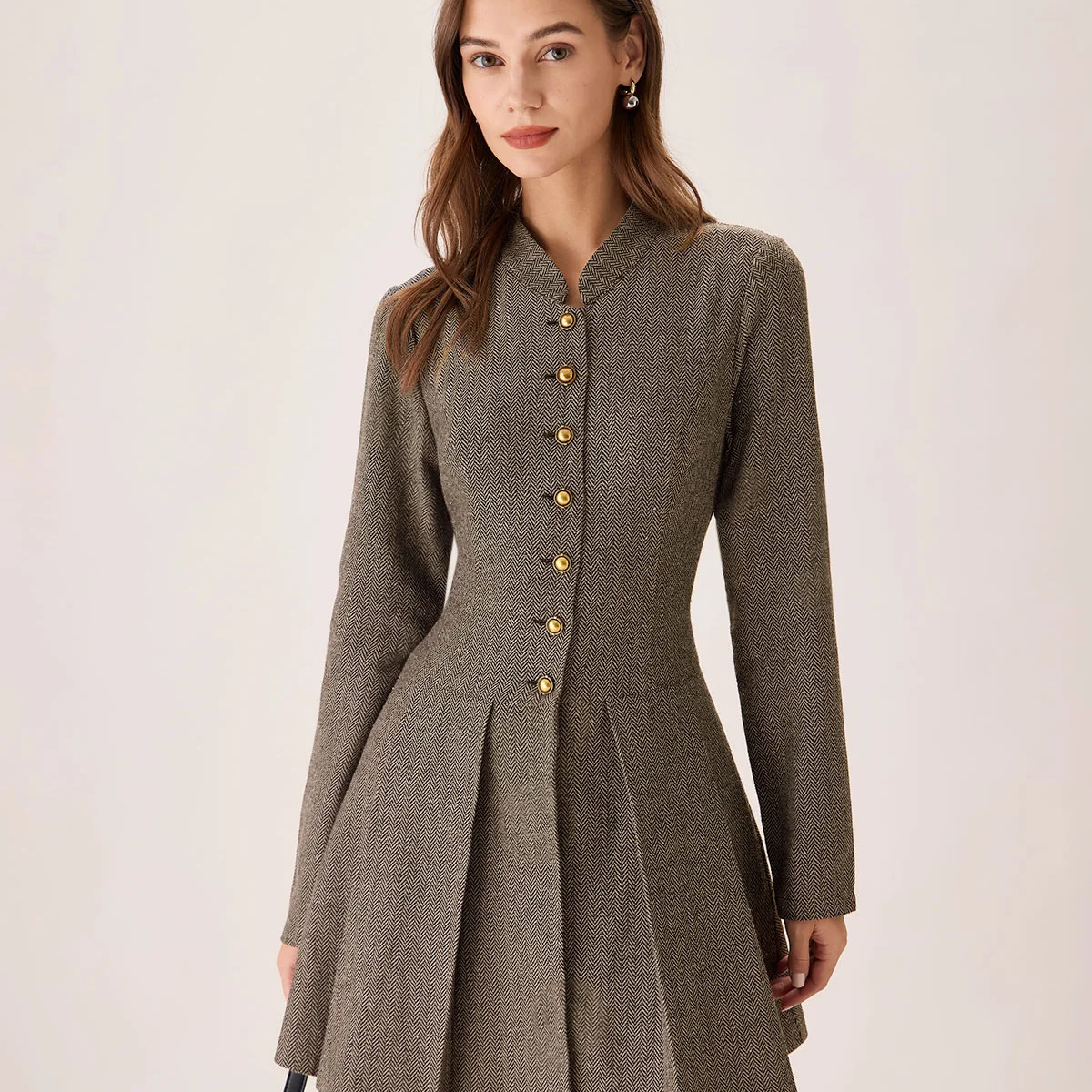 Brown Button Pleated Mini Dress & Reviews - Grey - Dresses | RIHOAS | rihoas.com