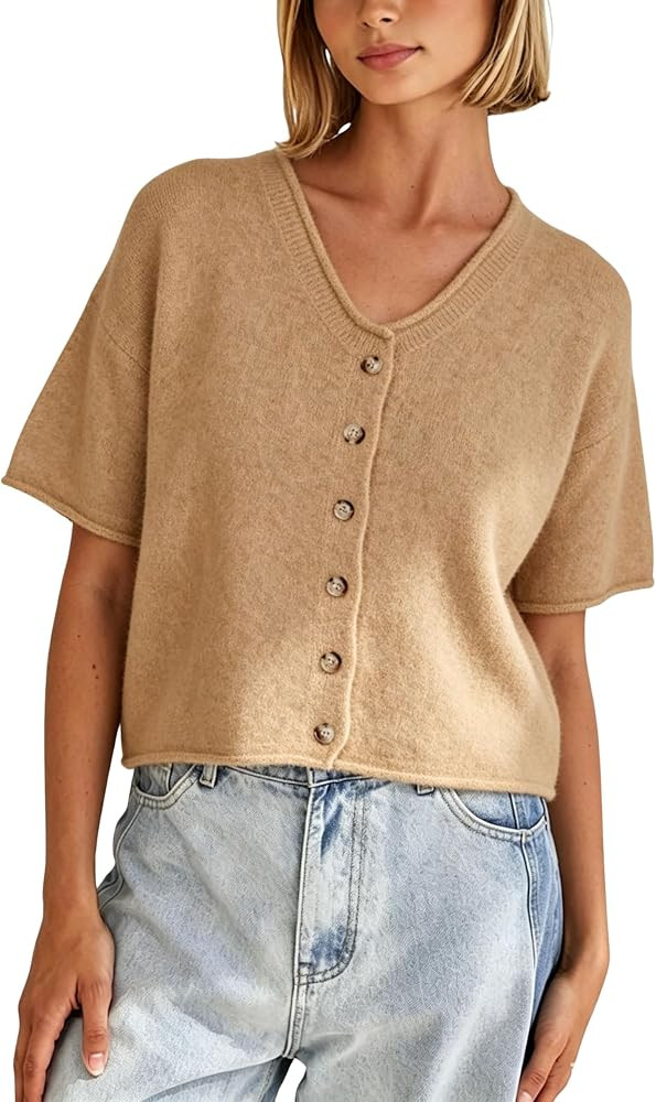 Xiaoxuemeng Women's Cropped Cardigan Short Sleeve Button Down Sweater Top | Amazon (US)