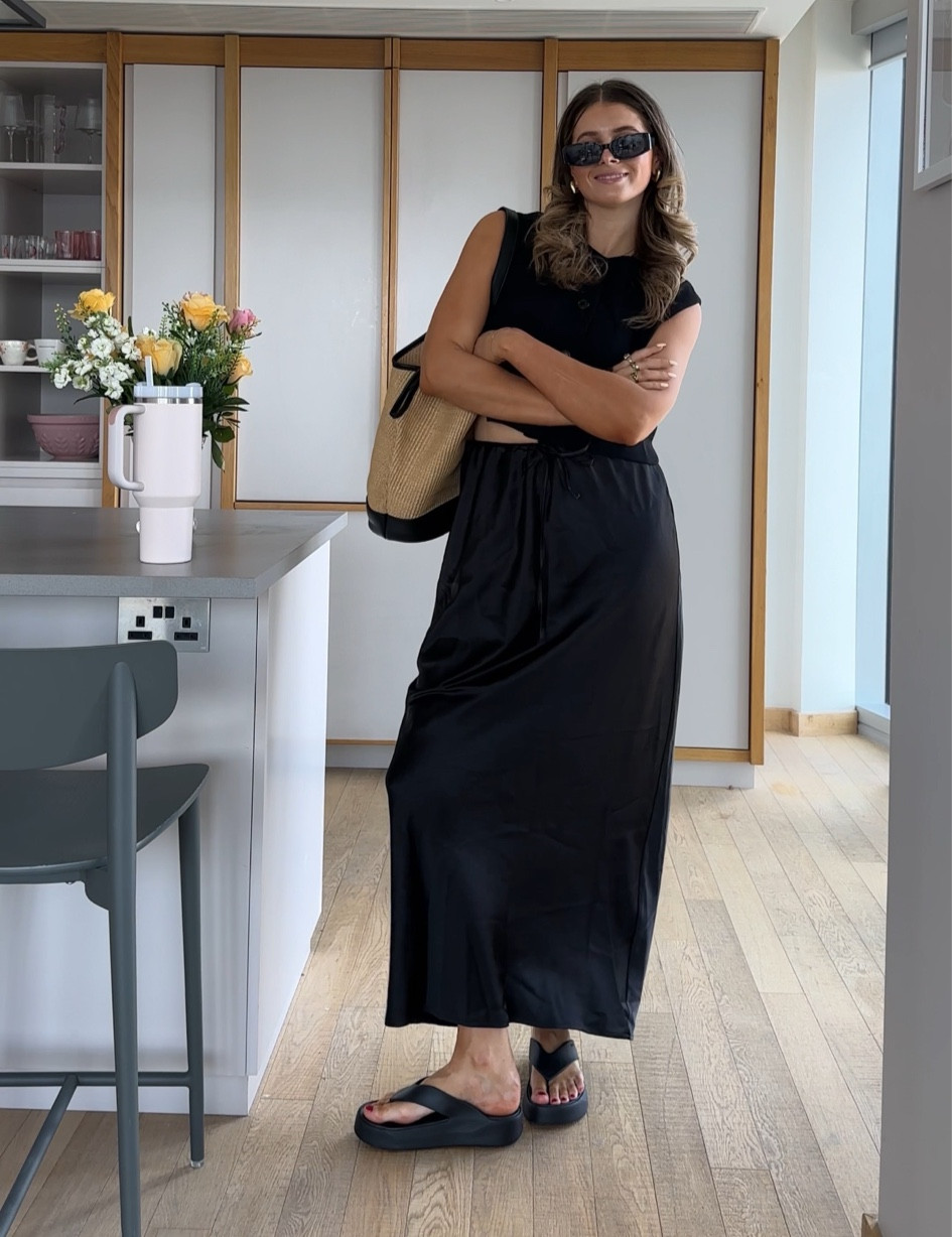 black flat form flip flops crocs silk satin black maxi skirt midi skirt summer black waistcoat Zara asos button up chic two piece co ord woven raffia black leather bag Anthropologie black rectangle sunglasses gold jewellery 

#LTKeurope #LTKstyletip #LTKsummer