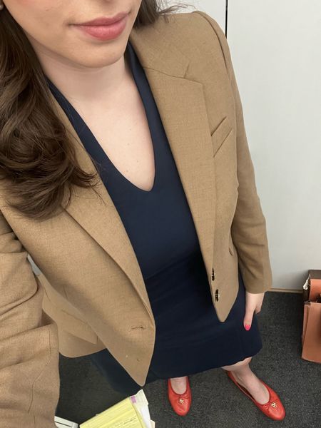 Office style, workwear, suiting, business casual, court, courthouse, lawyer, attorney, business casual, brown blazer, school boy blazer, suiting dress, suit dress, office outfit, law school, navy dress, brooks brothers, orange flats, red ballet flats

#LTKstyletip #LTKworkwear #LTKSeasonal