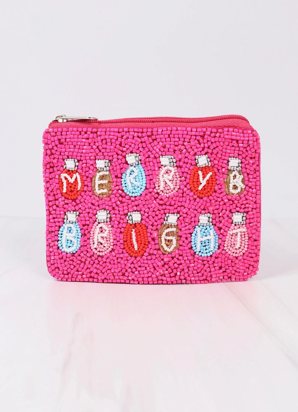 Merry & Bright Hot Pink Beaded Pouch | Caroline Hill