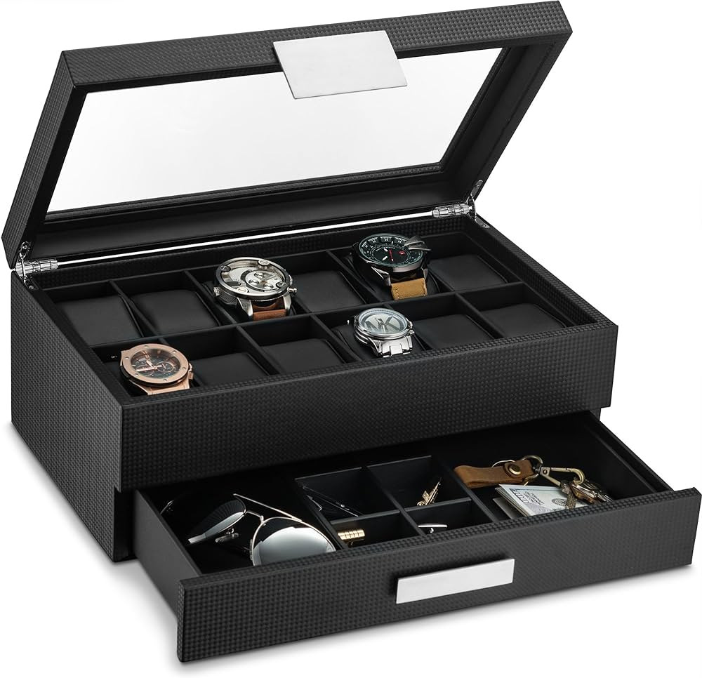 Glenor Co Watch Box with Valet Drawer for Men - 12 Slot Luxury Case Display Organizer, Carbon Fib... | Amazon (US)
