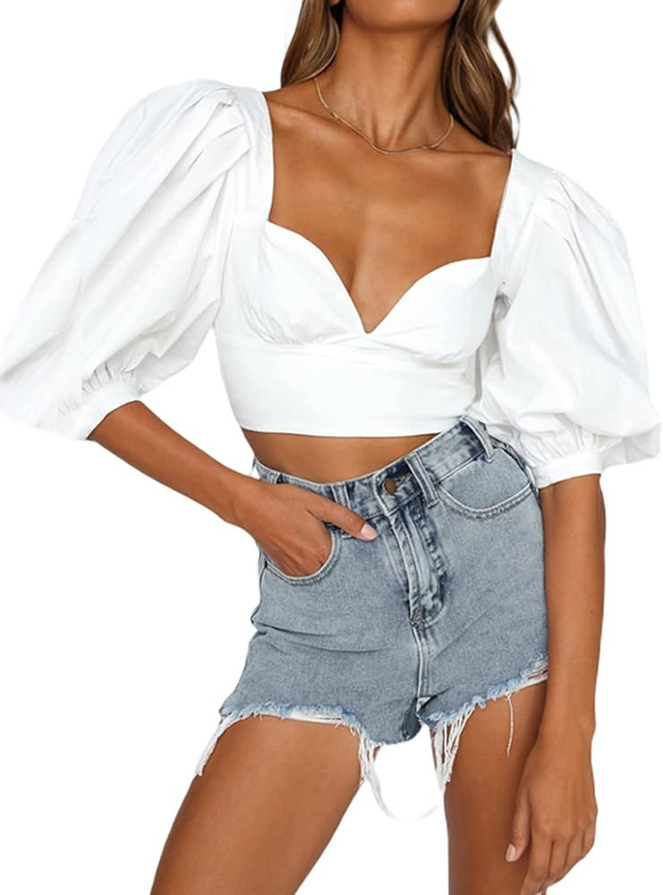 SOFIA'S CHOICE Women's Sweetheart Neck Crop Top Puff Short Sleeve Slim Fit Sexy Shirt | Amazon (US)