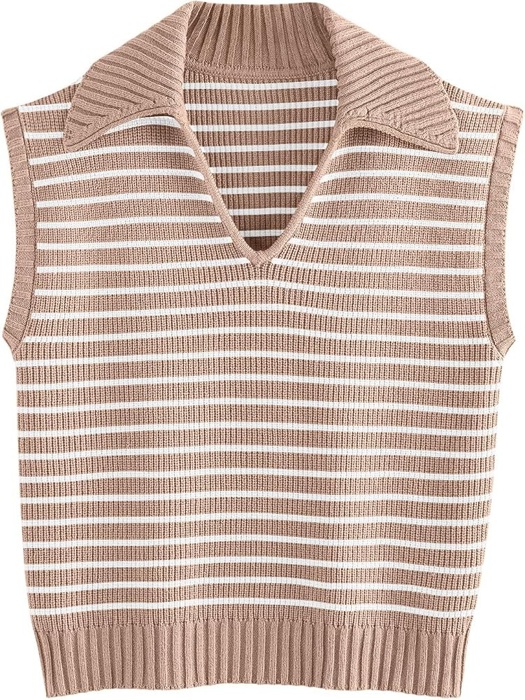 LILLUSORY Women's V Neck Cap Sleeve Sweater Vest Sleeveless Collared Striped Knit Tank Tops 2024 ... | Amazon (US)