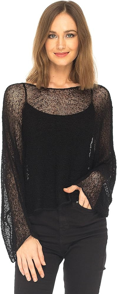 SHU-SHI Womens Sheer Blouse Top Knit Lightweight Shrug Sweater Poncho | Amazon (US)
