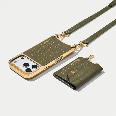 Remi Magnet Wallet Crossbody Phone Case - Olive Croc/Chrome Gold 14 / iPhone Pro Max | Bandolier