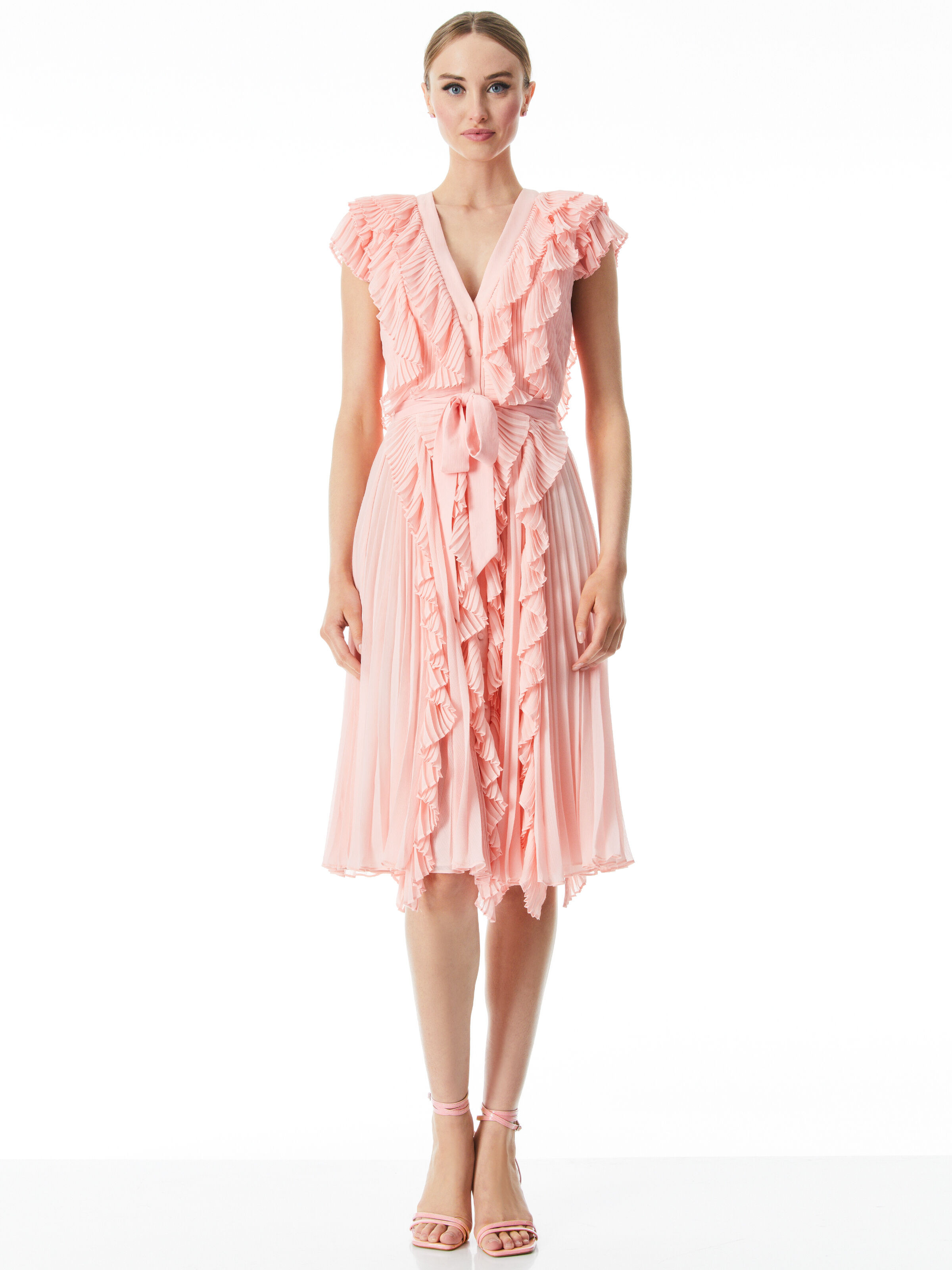 alice + olivia ANALISE PLEATED RUFFLE MIDI DRESS | Alice + Olivia