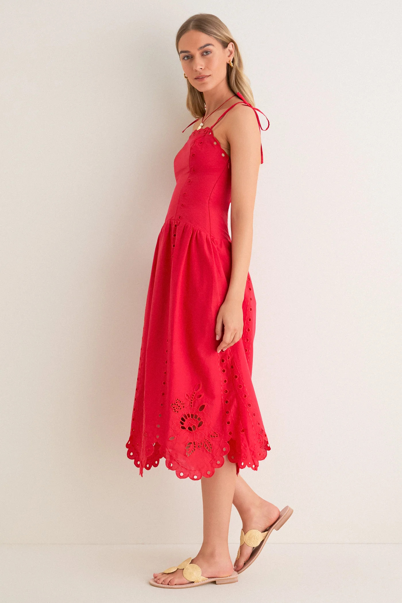 Red Eyelet Detail Midi Dress | Tuckernuck (US)