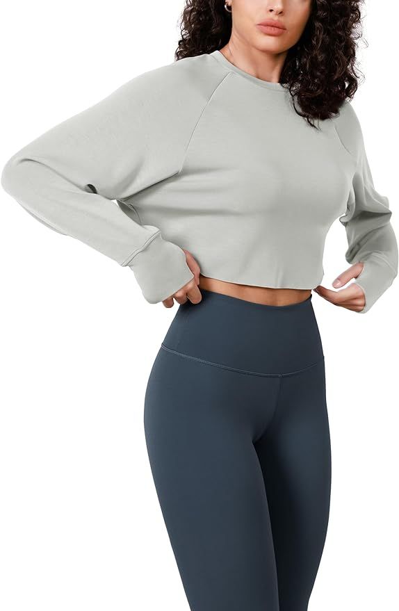 ODODOS Modal Soft Long Sleeve Cropped Sweatshirts with Thumb Hole for Women Crew Neck Pullover Cr... | Amazon (US)