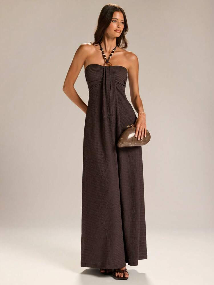 SHEIN BAE Women's Dark Brown Halter Neck Ruched Casual Minimalist Dress,Summmer Vacation Holiday Dress For Party,Travel,Dates,Garden Parties,Weddings & Dinners | SHEIN