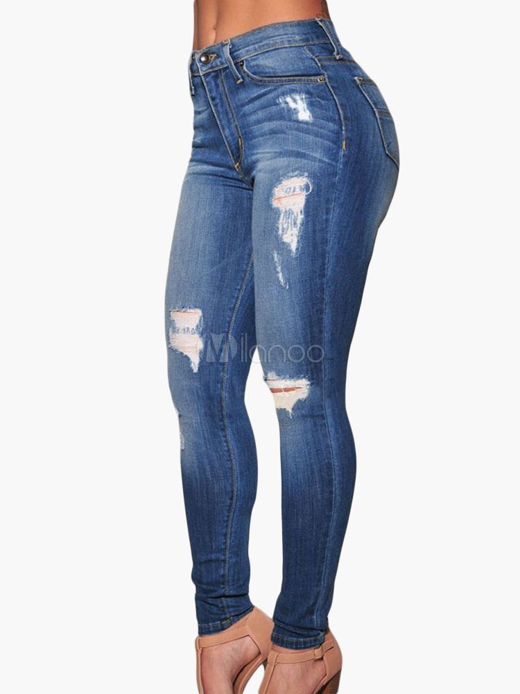 Blue Distressed Ripped Jeans For Women | Milanoo