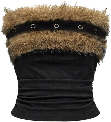 WDIRARA Women's Grunge Punk Faux Fur Tube Top Fuzzy Ruched Strapless Bandeau Crop Tops | Amazon (US)