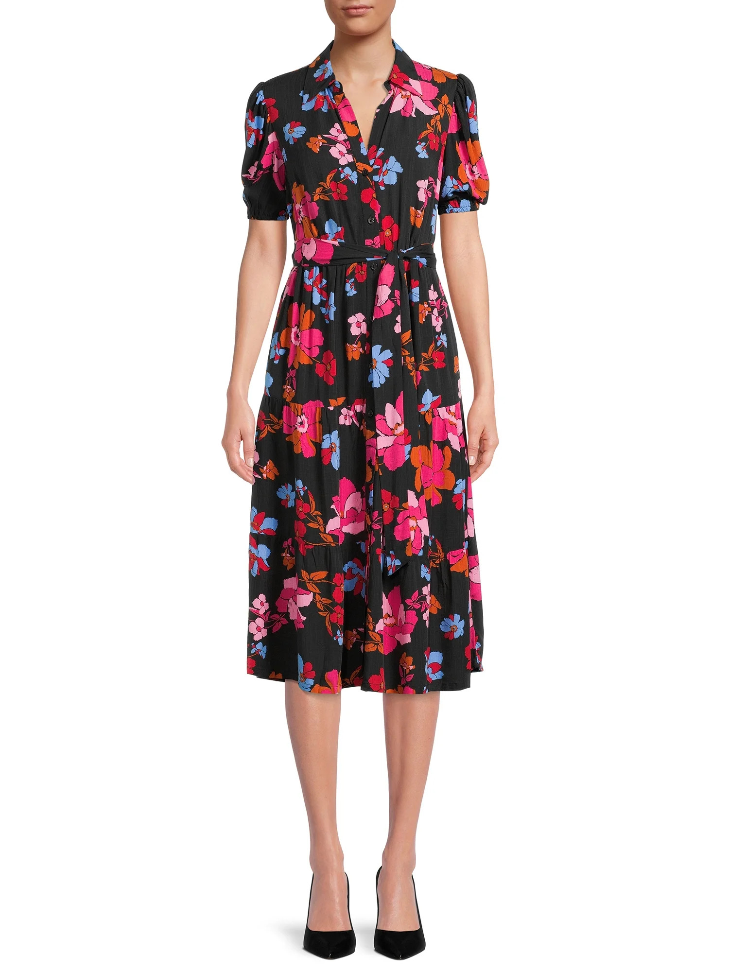 Time and Tru Women's Tiered Midi Shirt Dress | Walmart (US)