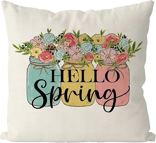 GAGEC Spring Pillow Covers 18x18 Inch Hello Spring Mason Jar Flower Floral Throw Pillowcase Seaso... | Amazon (US)
