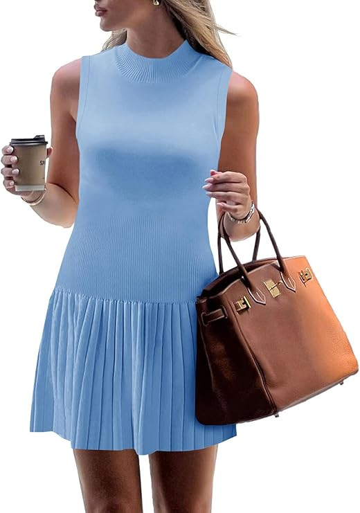 Wenrine Womens Sleeveless Summer Mini Dress Mock Neck Ribbed Knit Ruffle Pleated Casual Tank Dres... | Amazon (US)
