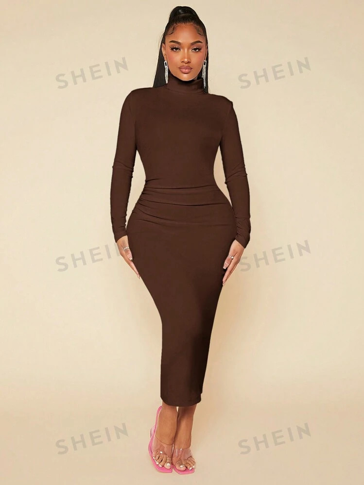 SHEIN SXY High Neck Solid Bodycon Ruched White Maxi Dress | SHEIN USA | SHEIN