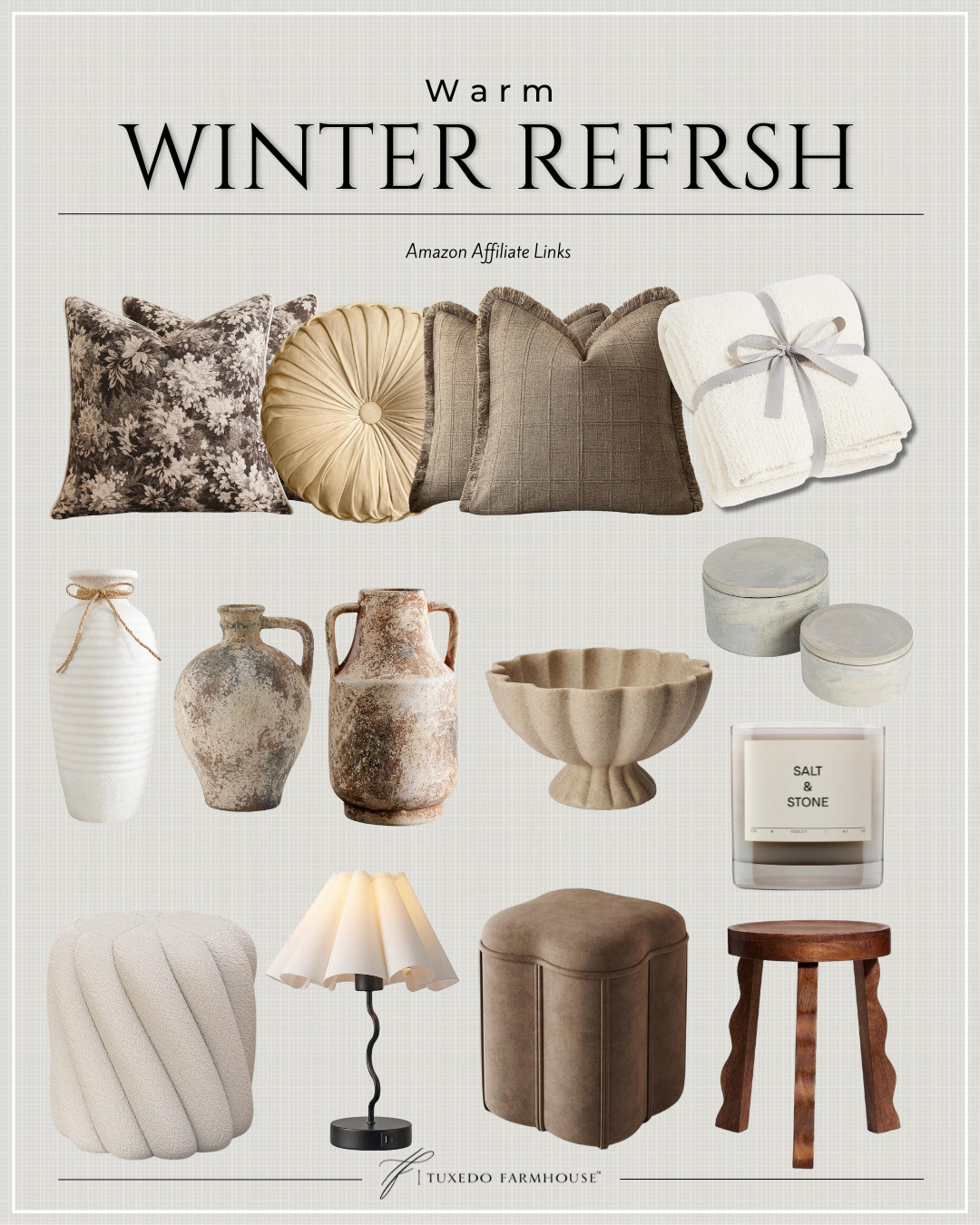 Amazon - Warm Winter Refresh

Refresh your living space with this curated winter decor collection. From cozy throws to stylish vases, find the perfect items to add warmth and charm to your home. 

Seasonal, home decor, accent chairs, rugs, wall art, frames, pillows, lamps, baskets, candles, books, coffee tables, ottomans, trays, bowls, consoles, accent tables
 

 #LTKSeasonal #LTKHome