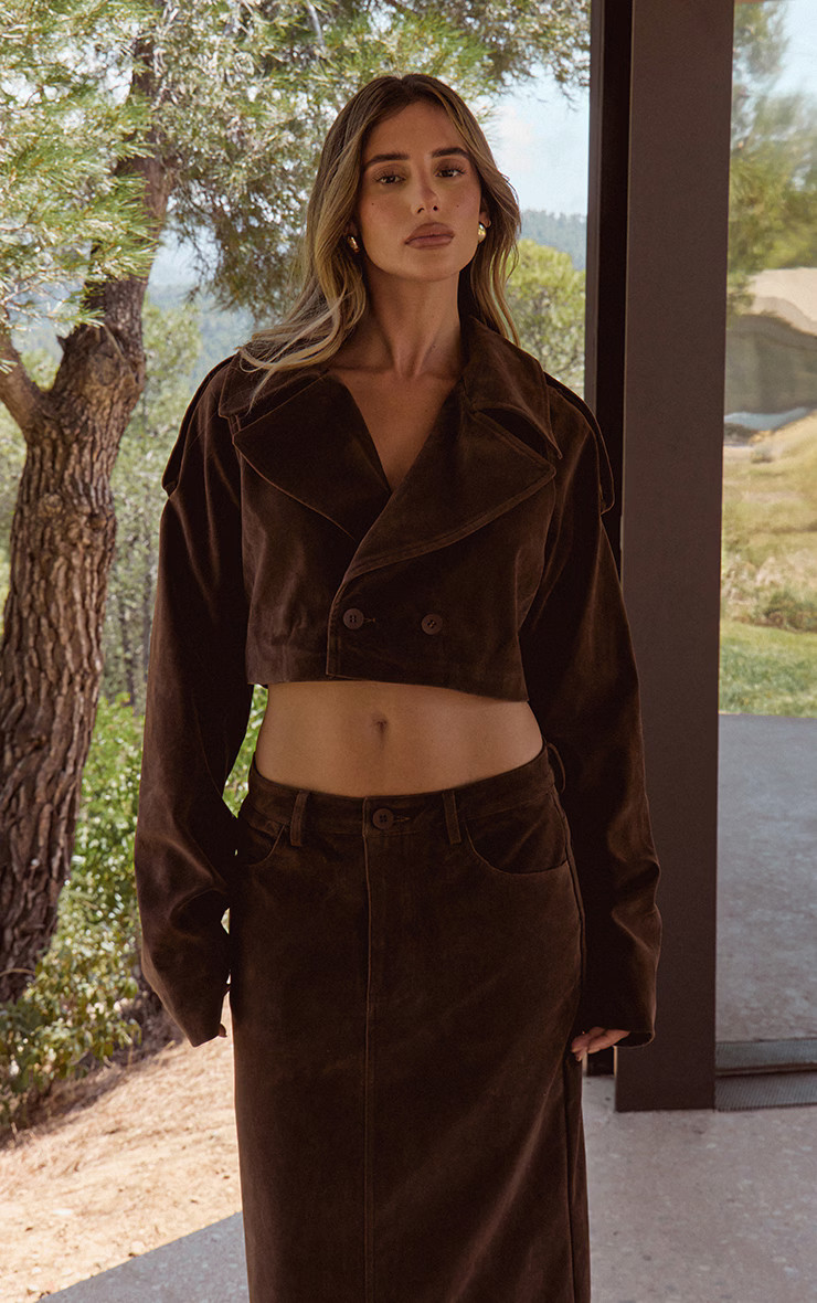 Brown Faux Suede Cropped Trench | PrettyLittleThing UK