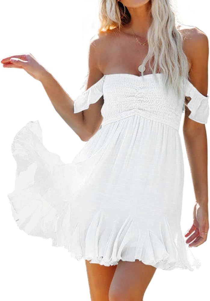 AVIVATINO Womens Summer Mini Dress Smocked Sweethear Neck Elastic Straps Ruffle Babydoll Flowy Swing | Amazon (US)