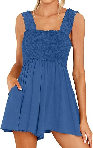 DEEP SELF Women Summer Sleeveless Romper Square Collar Ruffle Straps Flowy Short Jumpsuit with Pocke | Amazon (US)