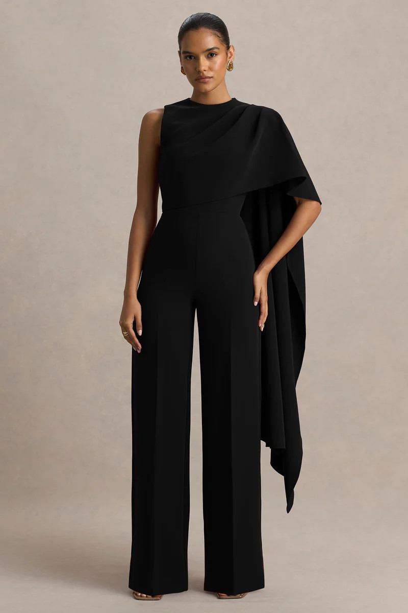 Sorenia  Black High-Neck Jumpsuit With One-Cape Sleeve | Club L London